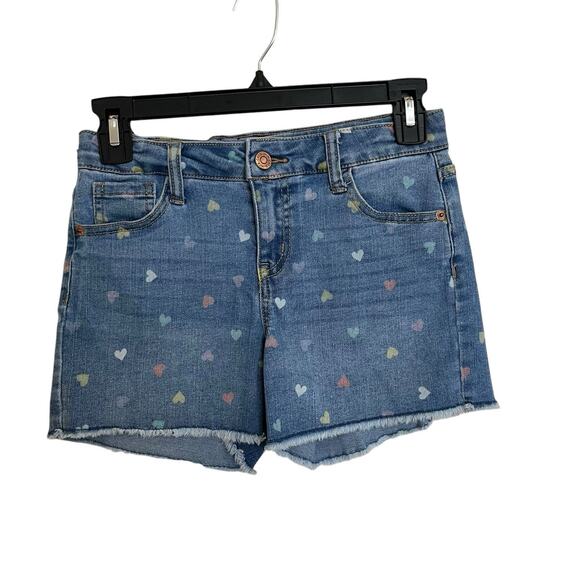 Cat & Jack | Mid Rise Raw Hem Heart Print Jean Shorts Denim Girl L 10/12 Stretch - Picture 1 of 7
